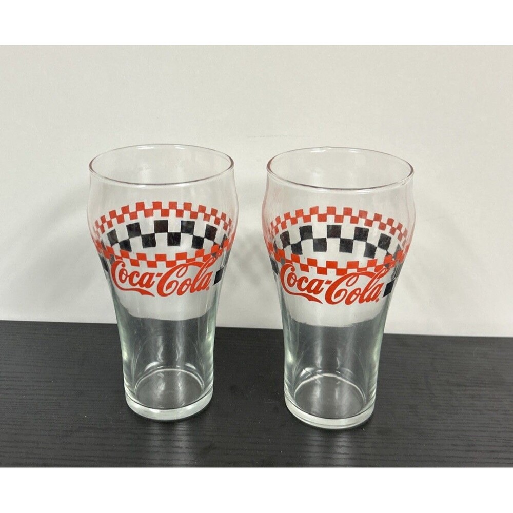 Vintage 90's Coca Cola Checkered Drinking Glasses 6” Tall | Lot Of 2